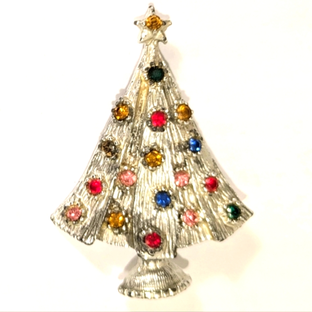 Vtg 1960s Silver Tone Multi Color Christmas Tree Pin Brooch